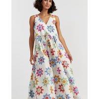 Chinti & Parker Pure Cotton Floral V-Neck Maxi Skater Dress Cream Mix