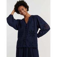 Chinti & Parker Broderie V-Neck Shirt with Linen Navy