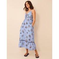 ACCESSORIZE Pure Cotton Shell Print V-Neck Beach Dress Blue