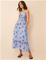 Pure Cotton Shell Print V-Neck Beach Dress