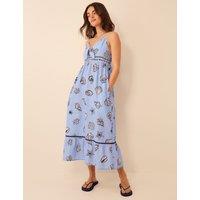 ACCESSORIZE Pure Cotton Shell Print V-Neck Beach Dress Blue