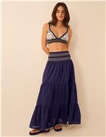 ACCESSORIZE Pure Cotton Shirred Maxi Beach Skirt Navy