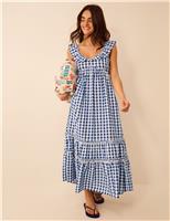 Pure Cotton Gingham V-Neck Beach Dress