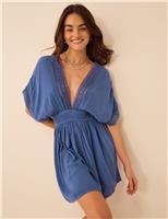 ACCESSORIZE Crochet V-Neck Mini Kaftan Dress Blue