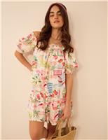 Pure Cotton Printed Bardot Mini Beach Dress