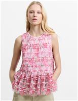 French Connection Mesh Floral Frill Detail Top Pink Mix