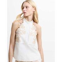 French Connection Cotton Blend Embroidered Beaded Top White Mix