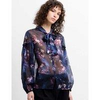 French Connection Floral Tie Neck Button Through Shirt Navy Mix