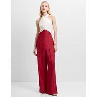 French Connection Linen Blend Halterneck Sleeveless Jumpsuit Burgundy Mix