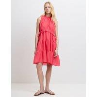 French Connection High Neck Ruffle Midi Tiered Dress Pink