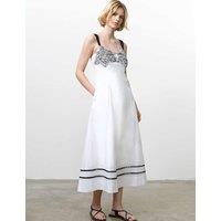 French Connection Pure Cotton Floral Embroidery U-Wire Midi Dress White Mix