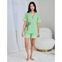 Chelsea Peers Cotton Rich Embroidered Tropical Palm Stripe Short Pyjama Set Green