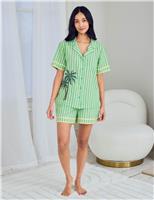 Chelsea Peers Cotton Rich Embroidered Tropical Palm Stripe Short Pyjama Set Green