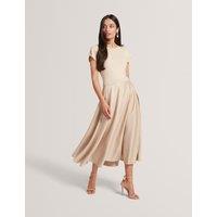 Ted Baker Crew Neck Tulip Sleeve Midi Skater Dress Natural