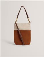 Ted Baker Suede Colour Block Braided Handle Bucket Bag Brown Mix