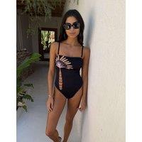 Never Fully Dressed Palm Embroidered Padded Bandeau Swimsuit Black Mix