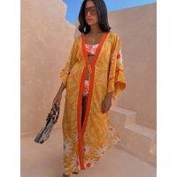Never Fully Dressed Printed Beaded Tie Front Kimono Yellow Mix