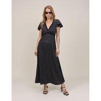 Nobody's Child Polka Dot V-Neck Midi Waisted Dress Black Mix
