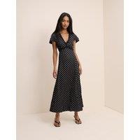 Nobody's Child Polka Dot V-Neck Midi Waisted Dress Black Mix