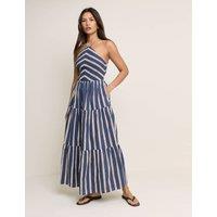 Nobody's Child Pure Cotton Striped Midaxi Tiered Dress Blue Mix