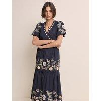 Nobody's Child X Elizabeth Scarlett Pure Cotton Embroidered Midi Tiered Dress Blue