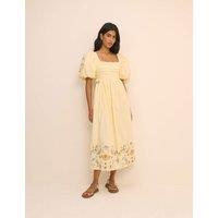 Nobody's Child X Elizabeth Scarlett Pure Cotton Embroidered Midaxi Smock Dress Yellow