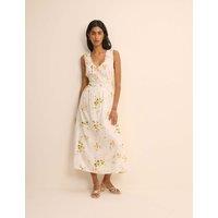 Nobody's Child Floral V-Neck Lace Trim Midi Waisted Dress White Mix