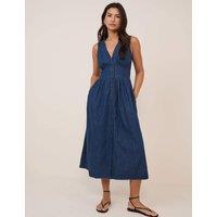 Nobody's Child Pure Cotton V-Neck Midi Waisted Dress Blue