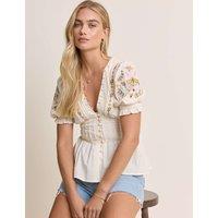Nobody's Child X Elizabeth Scarlett Pure Cotton Embroidered V-Neck Top White