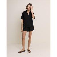 Nobody's Child Linen Rich Collared V-Neck T-Shirt Black