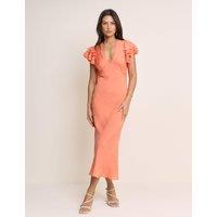 Nobody's Child V-Neck Ruffle Sleeve Midi Bodycon Dress Orange