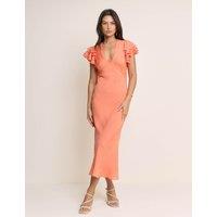 Nobody's Child V-Neck Ruffle Sleeve Midi Bodycon Dress Orange