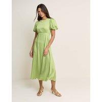 Nobody's Child Round Neck Puff Sleeve Midi Waisted Dress Green