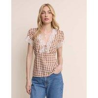 Nobody's Child Gingham Lace Trim Blouse Brown