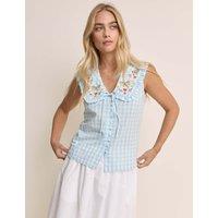Nobody's Child X Elizabeth Scarlett Pure Cotton Checked Tie Neck Blouse Blue