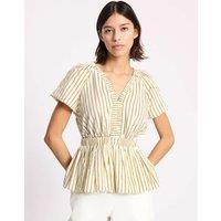 Albaray Cotton Blend Striped V-Neck Bubble Hem Top Cream Mix