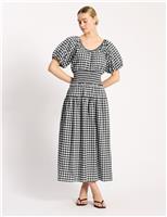 Cotton Rich Gingham Midi Waisted Dress