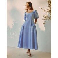 Albaray Pure Cotton Seersucker Puff Sleeve Midi Dress Dark Blue Denim