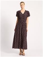 Albaray Spot Print Ruffle Midi Waisted Dress Brown Mix