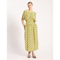 Albaray Polka Dot V-Neck Shirred Midi Waisted Dress Yellow
