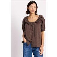 Albaray Pure Cotton Broderie Scoop Neck Ruffle Top Brown