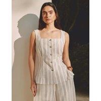 Albaray Linen Rich Striped Square Neck Top Cream