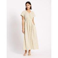 Albaray Cotton Blend Striped V-Neck Midi Waisted Dress Cream Mix