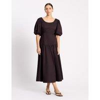 Albaray Pure Cotton Sateen Puff Sleeve Neck Midi Dress Chocolate