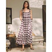 Albaray Linen Rich Gingam Midi Apron Dress Burgundy