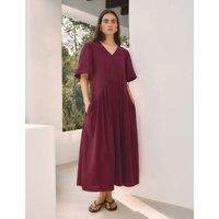 Albaray Pure Cotton V-Neck Maxi Relaxed Smock Dress Dark Red