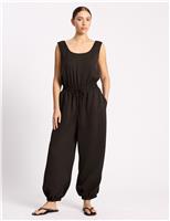 Albaray Lyocell Rich Sleeveless Balloon Leg Jumpsuit Chocolate