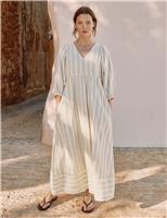 Albaray Linen Rich Striped V-Neck Midaxi Smock Dress Cream