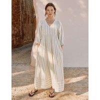 Albaray Linen Rich Striped V-Neck Midaxi Smock Dress Cream