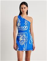 Jag Pure Linen Printed One Shoulder Mini Dress Blue
